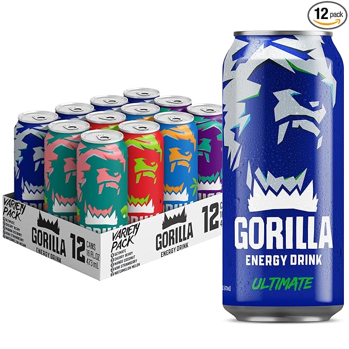 Gorilla Energy Drink, Variety Pack, 200mg Natural Caffeine, Real Fruit Juice Squeezed & Concentrated, L-Theanine, Taurine, Ginseng, Acetyl L-Carnitine, No Added Sugar and No Artificial Colors, 12 Pack