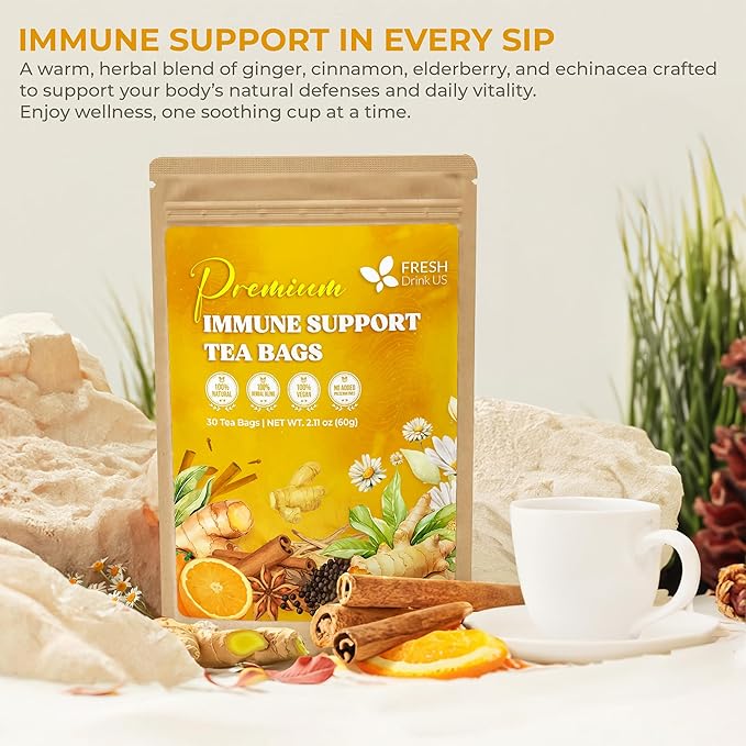 FreshDrinkUS, Premium 30 Tea Bags Immune Support Herbal Tea, Ginger, Cinnamon, Chamomile, Licorice Root, Black Pepper and Orange Peel – 100% Natural, Caffeine-Free, Vegan