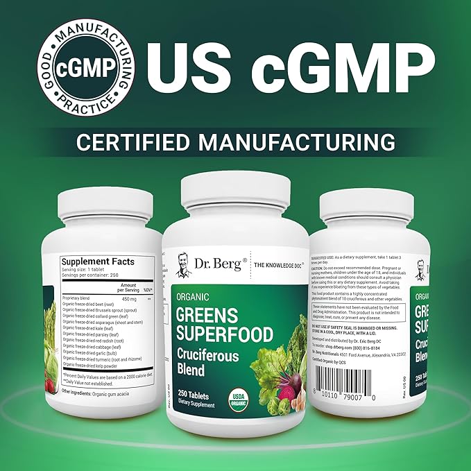 Dr. Berg's Greens Superfood Cruciferous Vegetable Tablets - Vegetable Supplements for Adults w/ 11 Phytonutrient Super Greens Tablets - Energy, Immune System & Liver Veggie Tablets - 250 Tablets