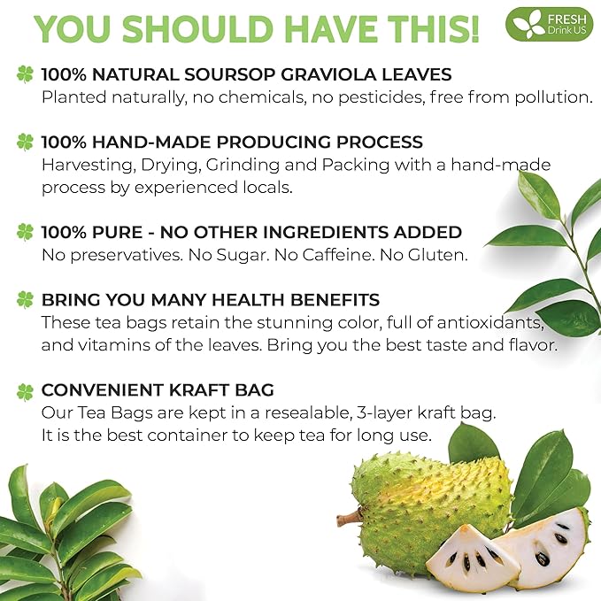 FreshDrinkUS, Premium 10 Soursop Graviola Leaf Tea Bags, 100% Natural & Pure from Soursop Leaves, Hoja Guanabana Herbal Tea. Made with Natural Material Tea Bags. No Sugar, No Caffeine, Vegan.