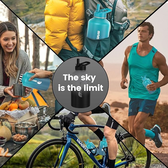 Insulated Water Bottle 128 oz, Triple Wall Vacuum Stainless Steel(Cold for 48 Hrs),Leak Proof & BPA-Free,One Gallon Water Bottle with Reflective Paracord & Flip Straw for Sports & Travel, CyanBlue