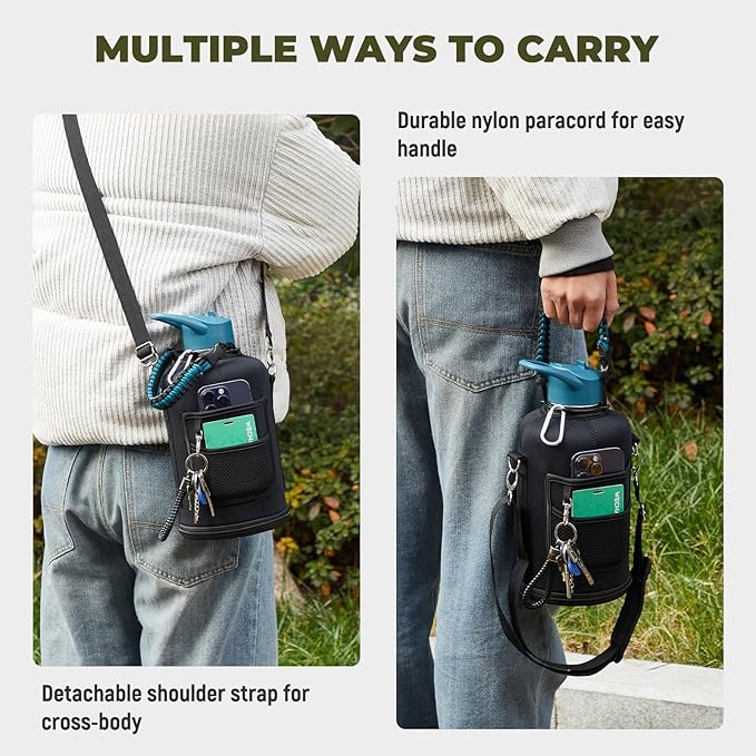 Half Gallon Insulated Water Bottle, 64 oz Triple Wall Stainless Steel Flask, Keeps Drinks Cold for 48 Hrs Leak-Proof & BPA-Free Half Gallon Jug with Paracord Handle, Straw & Spout Lids(Indigo Black)