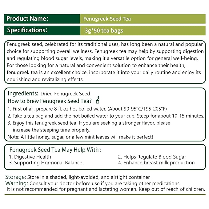 Samcci - Fenugreek Seed Tea Bags, 50 Teabags, 3g/bag - Natural Healthy Fenugreek Methi Seeds Herbal Tea - Non-GMO - Caffeine-free - Support Digestion & Improve Heart Health