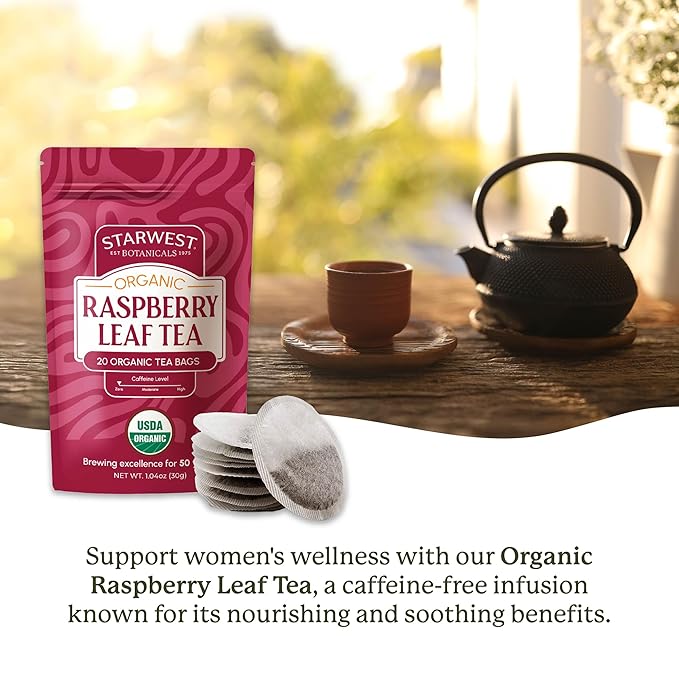 Starwest Botanicals Organic Raspberry Leaf Tea - Caffeine Free Herbal Tea, Supports Wellness for Women, String Free Sachets, USDA Organic Raspberry Leaf, Non GMO - 20 Tea Bags