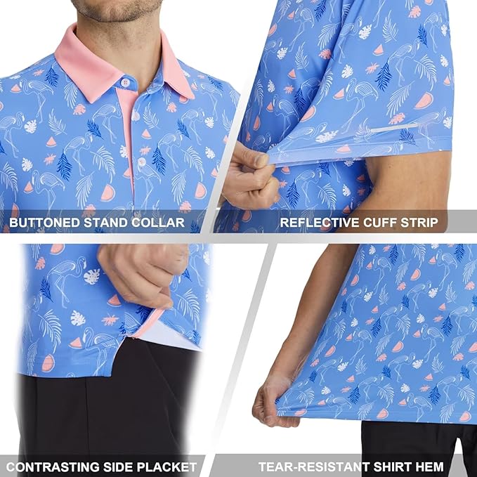 Golf Shirts for Men - Moisture Wicking Short Sleeve Performance Sport Casual Striped Collared Mens Polo Shirt