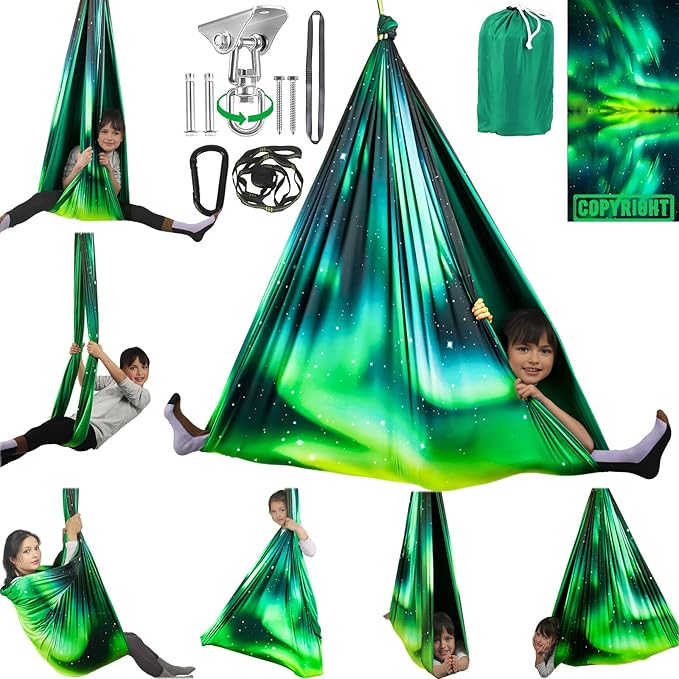 Double Layer Sensory Swing for Kids & Adults Holds up to 300lbs Indoor and Outdoor Therapy Cuddle Swing with 360° Swivel Hanger Kit Adjustable Swing with Aspergers Autism ADHD (Aurora Green)
