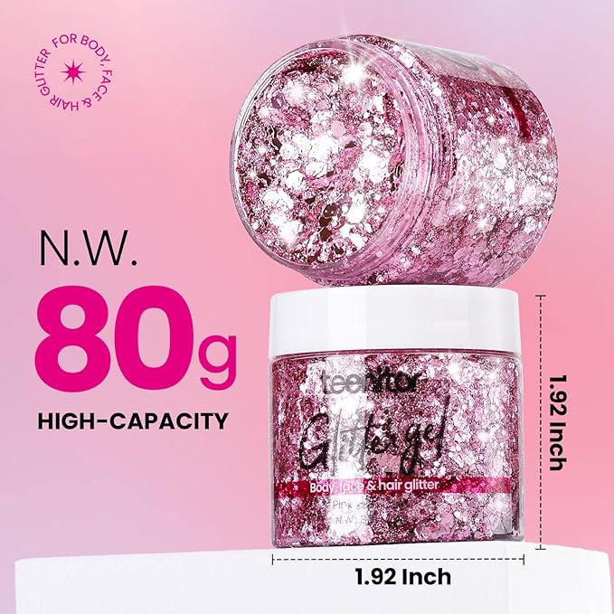 Teenitor Pink Body Glitter, Chunky Face Glitter, Hair Glitter Gel, 80g/2.8oz Pink Festival Cheer Holographic Glitter for Makeup Face Body Hair