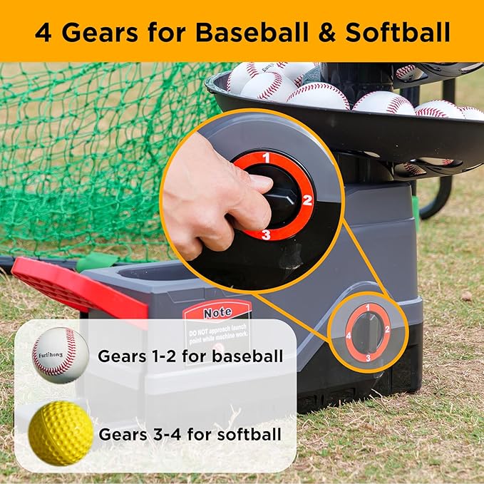 Furlihong 691BH Baseball Softball Toss Machine, Foot-Operated, No Power Needed, 4 Adjustable Gears, Includes 2 Ball Chutes, 1 PU Baseball & 1 PU Softball