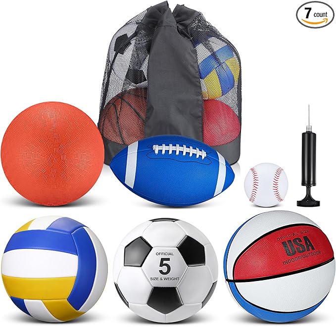 Libima 6 Pcs Multi Sport Ball Set Official Size Football, Basketball, Soccer, Volleyball, Playground Ball, Baseball with Sports Equipment Bag Pump for Teen Adult Christmas School Gift