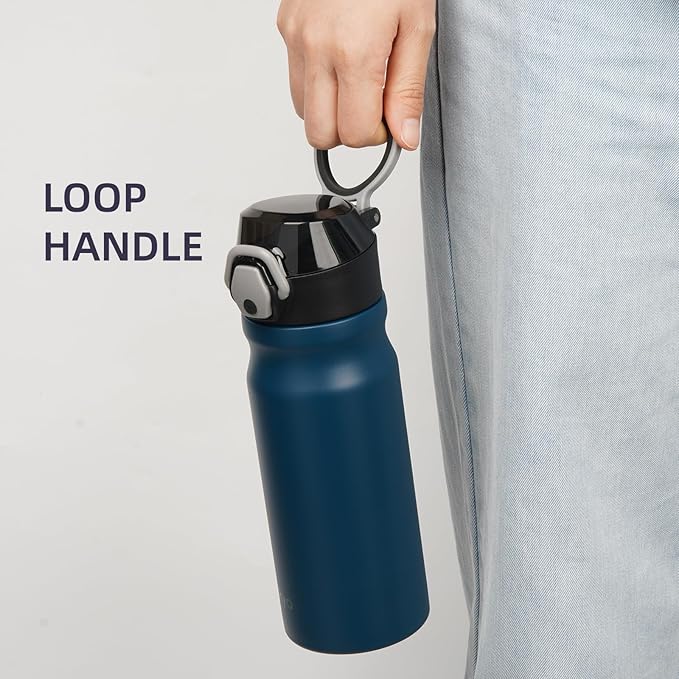 Insulated Water Bottle with Straw and Carry Loop,18 oz Stainless Steel Double Wall Vaccum Metal Water Flask with Leak-proof Lid,Navy blue