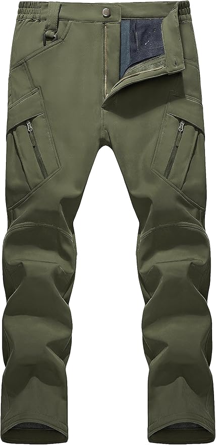 TACVASEN Men's Winter Pants 9 Pockets Fleece Snow Hiking Pants Water-Resistant Warm Softshell Thick Tactical Pants