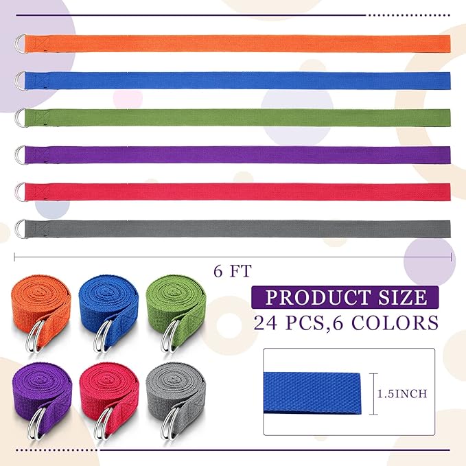 Leyndo 24 Pieces Yoga Strap Stretching Pilates Exercise Adjustable Straps 6 ft Non Elastic Yoga Belt with Adjustable D Ring Buckle for Pilates Gym Workouts Fitness