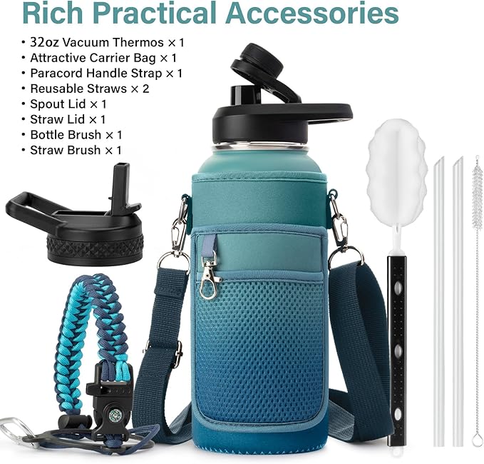 Insulated Water Bottle | Thickened Stainless Steel Vacuum Metal | Portable Sports Water Jug for Gym and Hiking with Straw, Carrier Bag, Handle Strap | BPA-Free 32 oz