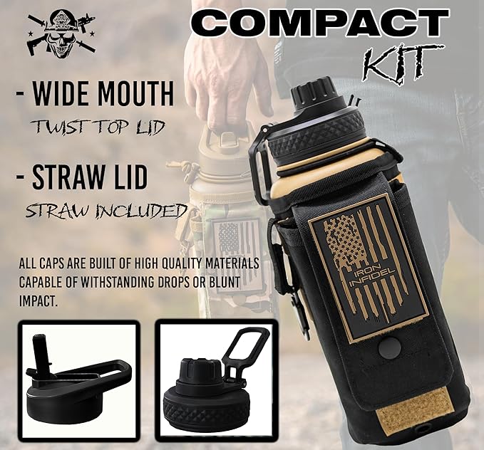 Iron Infidel Battle Bottle - 32 Oz Insulated Water Bottle with Straw Lid & Chug Cap, Stainless Steel Metal Flask Includes Rugged, Removable Sleeve for Keys, Wallet, & Phone (Brown Recluse 1 Liter)