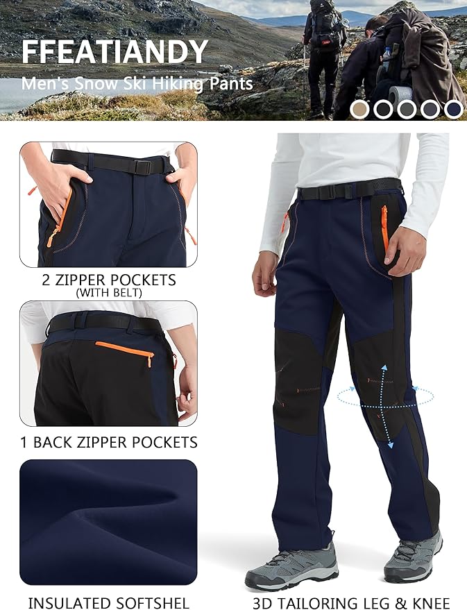 Men's Hiking Snow Ski Pants Softshell Fleece Lined Winter Water Repellent Outdoor Fishing Cargo Pants