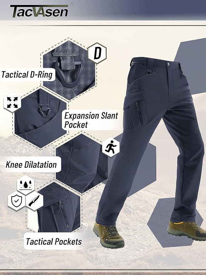 TACVASEN Men's Winter Pants 9 Pockets Fleece Snow Hiking Pants Water-Resistant Warm Softshell Thick Tactical Pants
