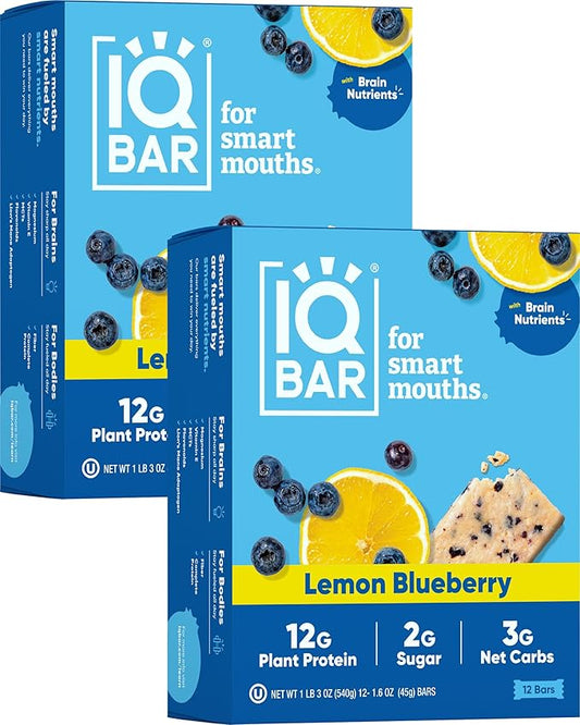 IQBAR Brain and Body Plant Protein Bars - Lemon Blueberry - 24-Count Low Carb - Gluten Free, High Fiber, Vegan Snacks - Low Sugar Meal Replacement