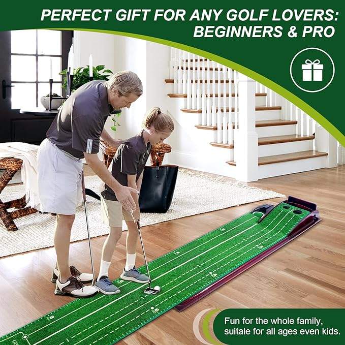 Indoor Putting Mat - Green with 3 Tracks & Auto Ball Return, Mini Golf Game & Practice Equipment, Gift for Golfer Lovers