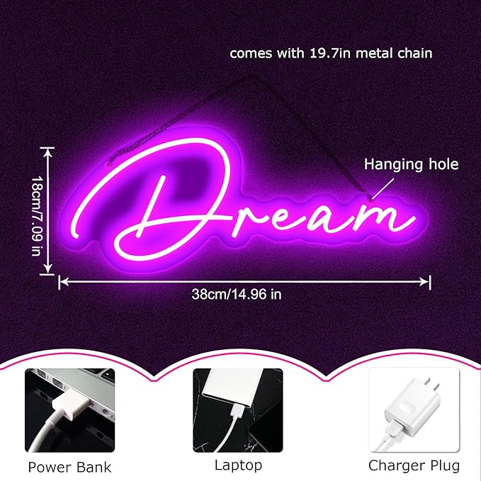 Dreamy Purple Dream LED Neon Light Sign Neon Dream Sign forChildren's Bedroom Living Room Dormitory Night Atmosphere Light Switch Controllable Reusable USB Power Supply (14.96"*7.09")