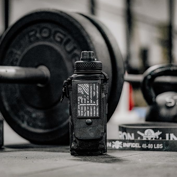 Iron Infidel Battle Bottle - 32 Oz Insulated Water Bottle with Straw Lid & Chug Cap, Stainless Steel Metal Tactical Flask With Rugged, Removable Sleeve for Keys & Phone or Wallet (Black Camo 1 Liter)