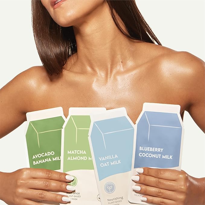 ESW Beauty Plant-Based Milk Face Masks - 4-Pack Variety Set - Hydrating, Radiance, Firming & Soothing with Avocado, Matcha, Blueberry, Vanilla & Oat Extracts for All Skin Types