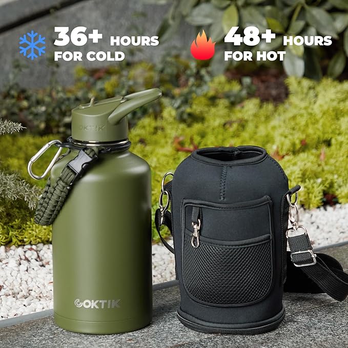 Half Gallon Insulated Water Bottle, 64 oz Triple Wall Stainless Steel Flask, Keeps Drinks Cold for 48 Hrs Leak-Proof & BPA-Free Half Gallon Jug with Paracord Handle, Straw & Spout Lids(Army Green)