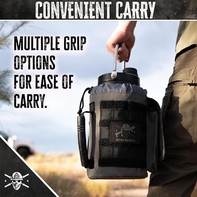Iron Infidel Battle Bottle - One Gallon Insulated Water Bottle with Dual Carry Handles - 128 oz Tactical Stainless Steel Water Jug & Rugged Extra Large Sleeve With Storage (Betsy 128 Ounces)