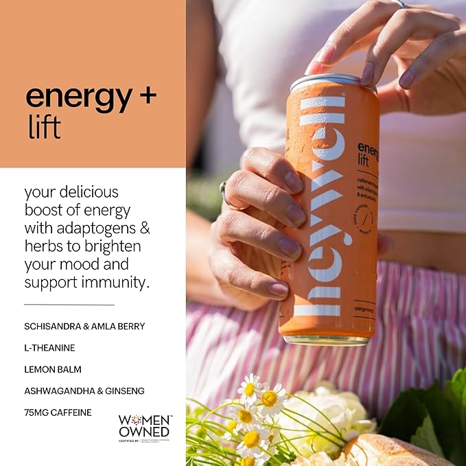 Heywell Sparkling Adaptogenic Water, Energy and Uplift, Orange Mango Flavor 12 Fluid Ounce (Pack of 12) - Non Caffeinated, Organic, Non GMO, Vegan, Gluten Free, Dairy Free