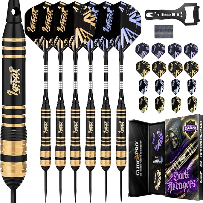 IgnatGames Premium Steel Tip Darts – 3/6/12 Pack Brass Barrels with Aluminum Shafts, 16 GlideXPro Flight Set, Tool Kit & Giftable Case
