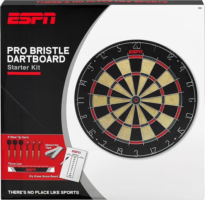 ESPN Dart Board Includes 6 Steel Tip Darts, Bristle Dartboard with Radial Spider Wire and Staple Free Bullseye, Ideal Party Games for Adults