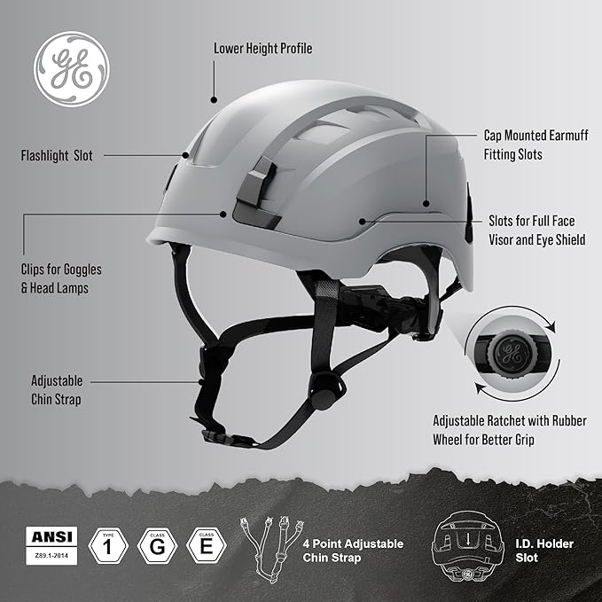 GE Safety Helmet, Impact Absorbing Tech, Adjustable Ratchet, ANSI Type 1, Memory Foam Padding, Hard Hats Protection, Lightweight, Durable, Chin Strap, Comfortable Fit OSHA Approved