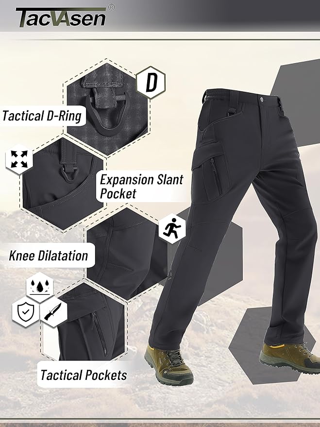 TACVASEN Men's Winter Pants 9 Pockets Fleece Snow Hiking Pants Water-Resistant Warm Softshell Thick Tactical Pants