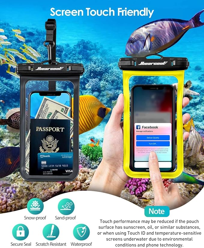 Hiearcool Waterproof Phone Pouch,Waterproof Cell Phone Dry Bag for iPhone,Universal Waterproof Case Beach Essentials for Vacation Kayak Cruise Accessories Must Haves-Black&Yellow-2Pack