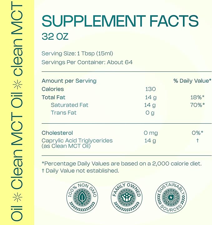 LevelUp Clean MCT Oil - 100% Caprylic C8 for Energy, Focus, Gut Health, Brain Superfuel - Keto Supplement for Ketogenic Coffee and Ketones - Non-GMO (32 oz Glass Bottle)