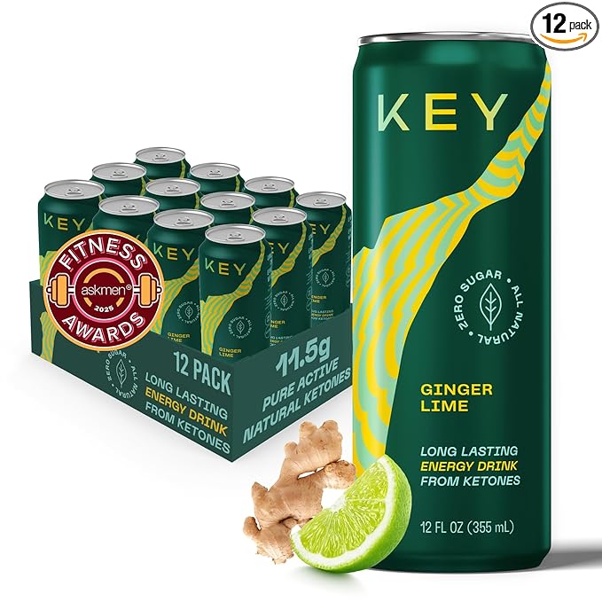 KEY Ketone Energy Drink : Sugar Free, 80mg Low Caffeine, All Natural, 11.5g Ketones, Long Lasting Energy, Green Tea & L-Theanine for Mental Focus, Ginger Lime (Pack of 12)