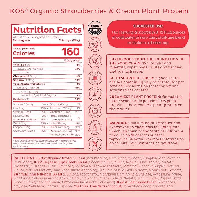 KOS Vegan Protein Powder, Strawberry and Cream Organic Pea Protein Blend, Plant Based Superfood with 12 Vitamins and Minerals, Made Without Dairy - Meal Replacement for Women & Men, 15 Servings