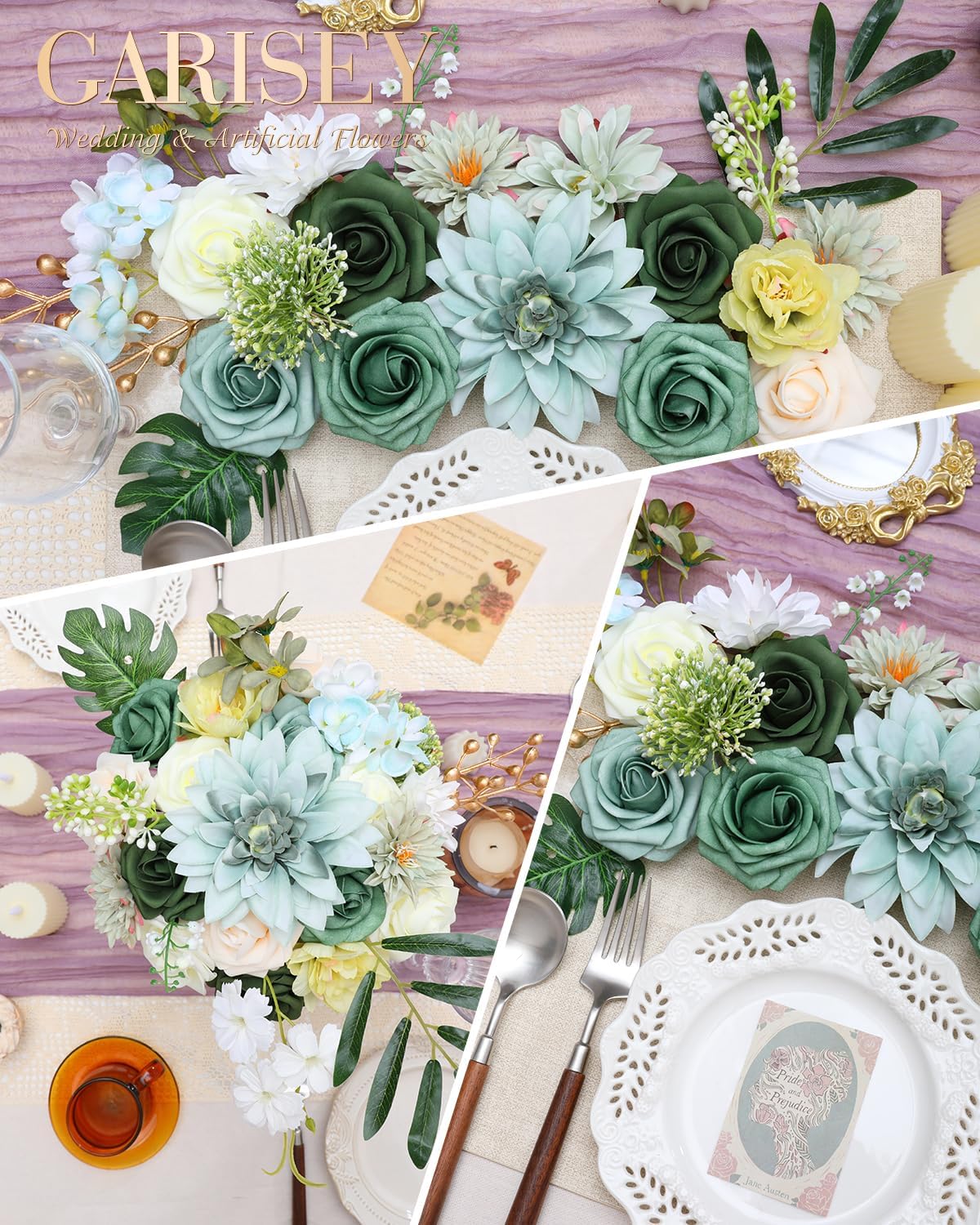 Artificial Flowers Combo, Mix Silk Flowers Roses, Peonies, Dahlias with Stems for DIY Wedding Bridal Bouquets, Baby Shower, Table Centerpieces, Home Decor, Fake Floral Arrangements-Elf Green