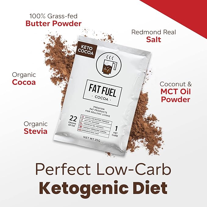 Fat Fuel Keto Cocoa 22g Premium Fats - with Grass Fed Butter, MCT Oil, Coconut & Redmond Real Salt - Instant Organic Cocoa, One Net Carb, A True Meal Replacement - 15 Servings