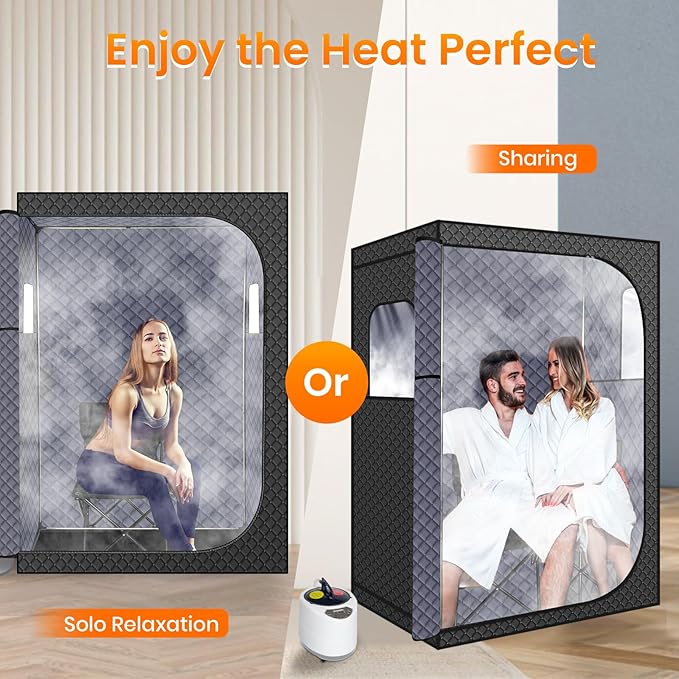 MIXC Full Body Portable Personal Saunas Box for Home, 2 Person Steam Sauna at Home Spa with 2.6L & 1500W, Two-Person with 2 Foldable Chairs, Remote Control, Home Sauna for Gym, Black