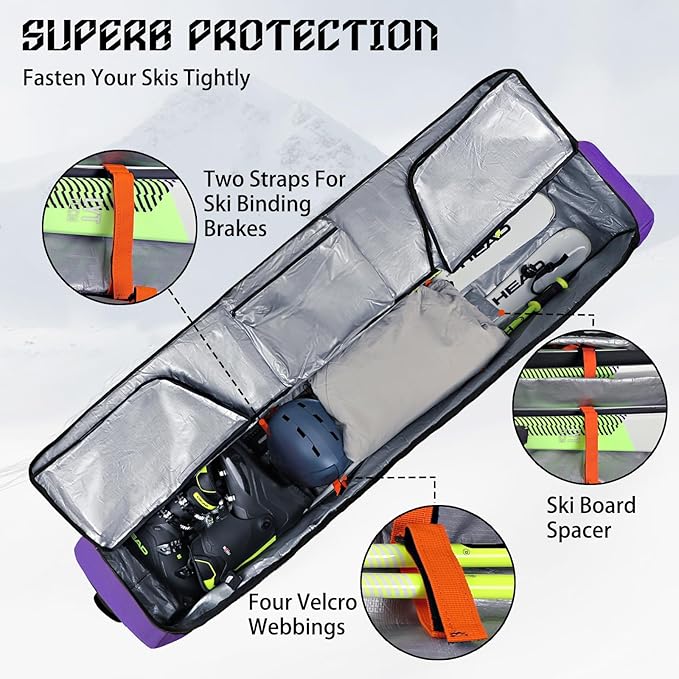 Goloni Ski Bag with Wheels,Padded Snowboard Bag for Air Travel,600D Waterproof Fabric,Foldable Snow Bag Fits 2 Pairs Skis