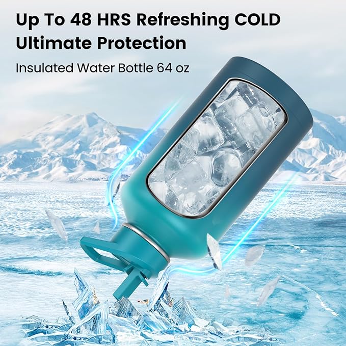 Insulated Water Bottle 64 oz, Triple Wall Vacuum Stainless Steel(Cold for 48 Hrs),Leak Proof & BPA-Free,Half Gallon Water Bottle with Reflective Paracord & Flip Straw for Sports & Travel, CyanBlue