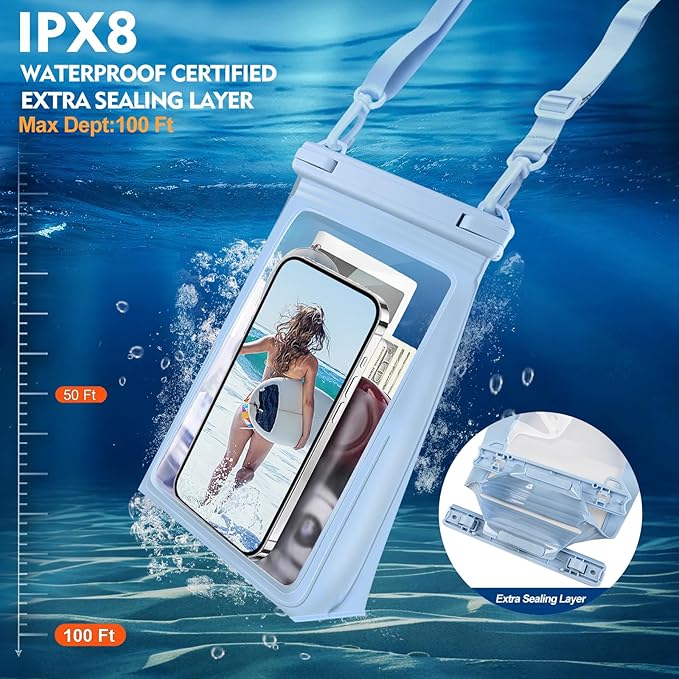 Large Waterproof Phone Pouch Floating, [Double Seals] IPX8 Waterproof Pouch for Beach Vacation, Cell Phone Dry Bag for iPhone Samsung Google All Phones Light Blue