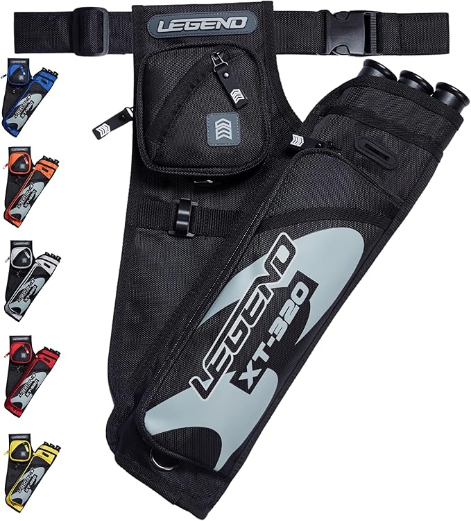 LEGEND XT320 Archery Quivers - Nylon Hip Quivers with 3 Arrow Tube Cases for Target Shooting - Adjustable Waist Belt, T-Slot, Storage Compartments for Accessories, Gear, Tools, Release Tab, Score Card