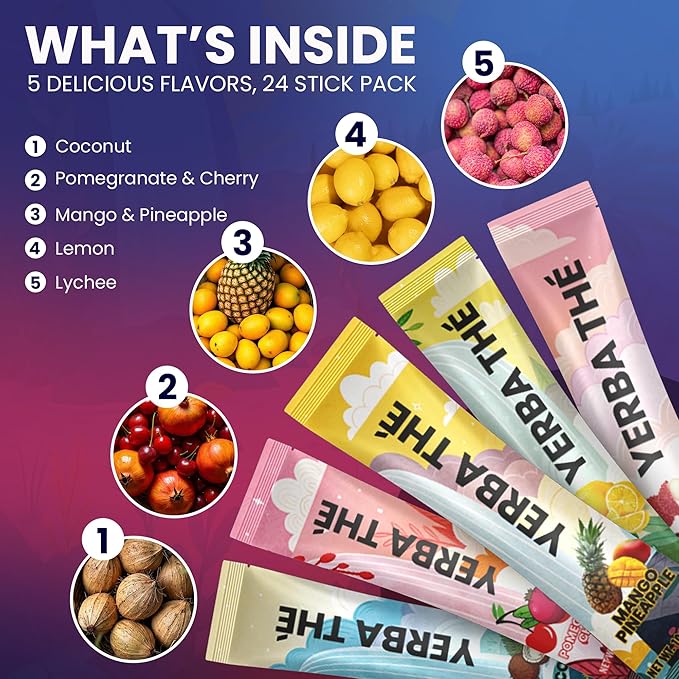 Yerba Mate Tea Powder 5 Mixed Tropical Fruit Flavors Clean Energy Drink Superfood - Support Gut Health, Probiotics and Prebiotics, Reduce Brain Fog, Relaxation & Focus Blend 30 sachets