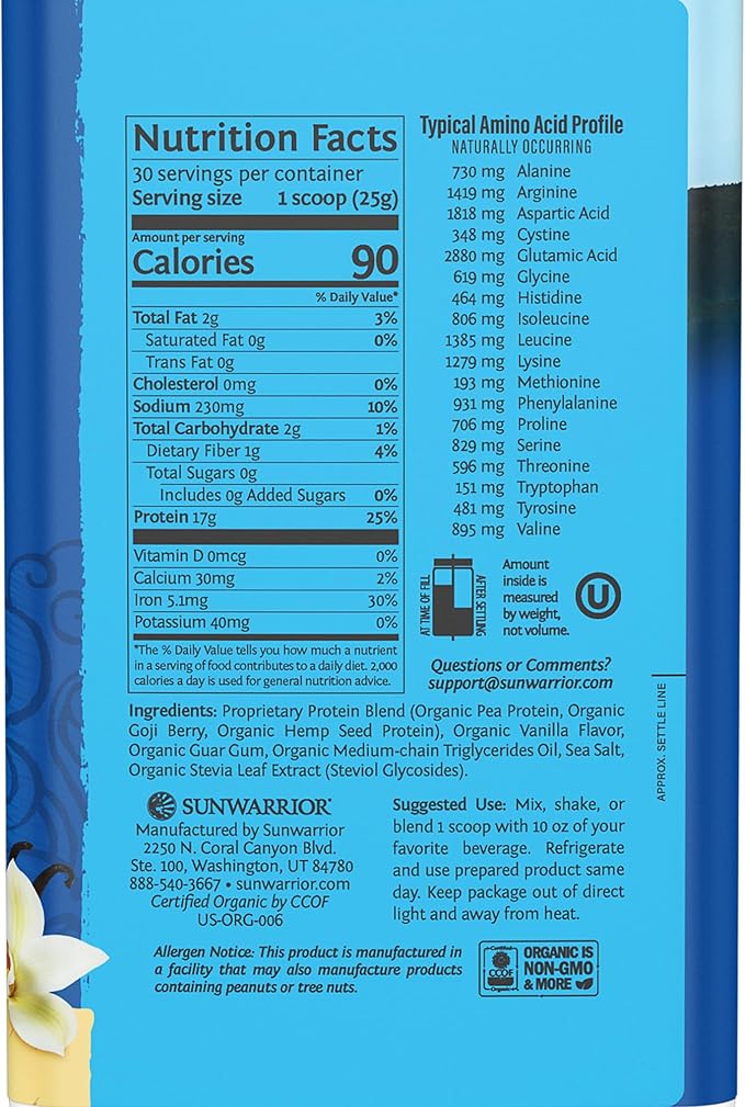 Sunwarrior Vegan Protein Powder Organic Plant-Based Protein | BCAA Amino Acids Hemp Seed Plant Protein | Soy Free Dairy Free Gluten Free Synthetic Free Non-GMO | Vanilla 30 Servings | Warrior Blend