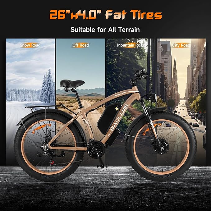 Electric Bike for Adults,Peak 2000W AWD Dual Motor Ebike,31MPH 55Miles 48V 23AH Removable Battery Electric Mountain Bike,26''*4" Fat Tire E-Bike with Front Suspension (Dual Motor Khaki)