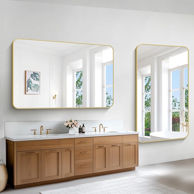 Gold Bathroom Mirror,60x36 inch Wall Mirror for Bathroom Wall Mounted,Round Rectangle Mirror for Bathroom Over Sink,Modern Frame for Home Decor Living Room,Bedroom Entryway,Horizontal/Vertical