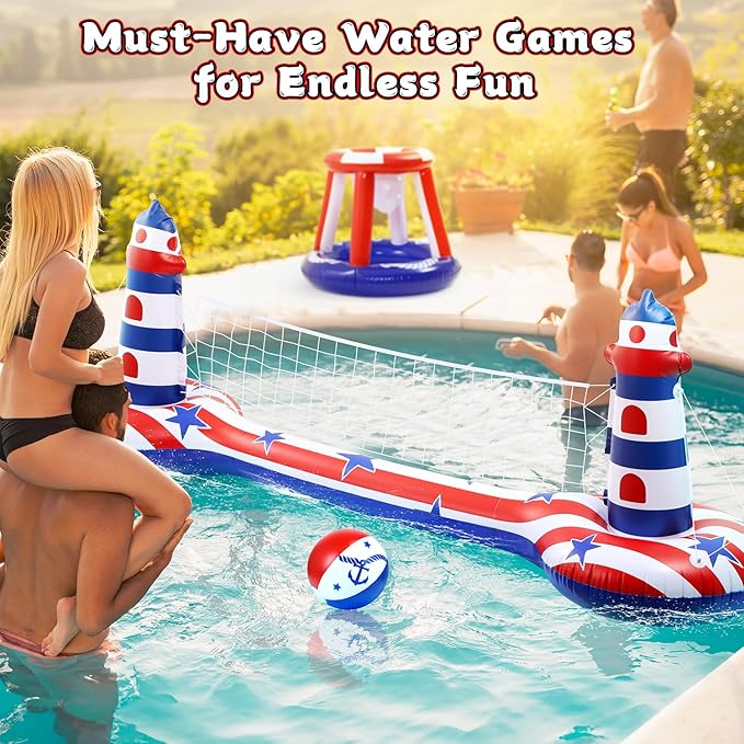 EagleStone Inflatable Pool Float Set with Volleyball Net & Basketball Hoop,2-in-1 Floating Water Games for Kids Adults, Backyard Beach Summer Toys, Heavy-Duty PVC Family Pool Party Essentials