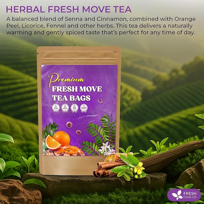 FreshDrinkUS, Fresh Move Tea – 40 Tea Bags - Herbal Tea Blend with Senna Leaves, Cinnamon, Orange Peel, Ginger & More – Caffeine-Free, Natural Ingredients – Smooth Flavor for Everyday Enjoyment