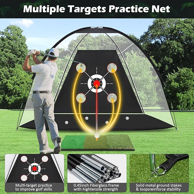 Golf Net,10x7FT with Golf Practice Mat,Hitting Aid Nets for Backyard Driving Chipping Training Swing with Target Outdoor or Indoor–Gifts for Men/Dad/Him